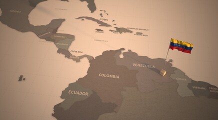 Flag on the map of venezuela.
Vintage Map and Flag of South America, Latin American Countries Series 3D Rendering
