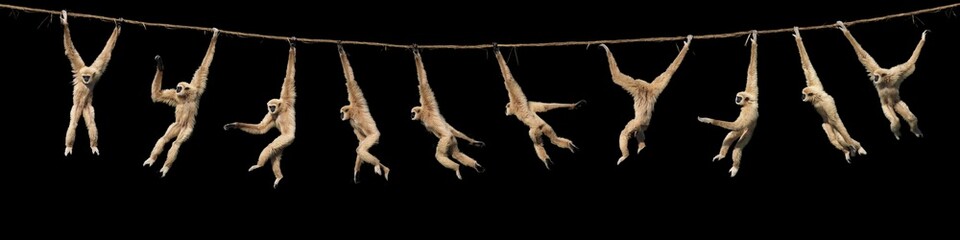 Wall Mural - white-handed gibbon hylobates lar, female hanging from liana, movement sequence