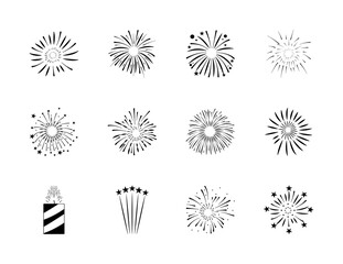 Sticker - icon set of fireworks bursts, silhouette style