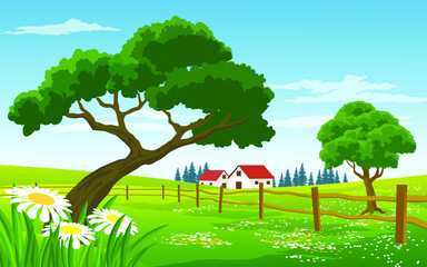 summer landscape of countryside with tree