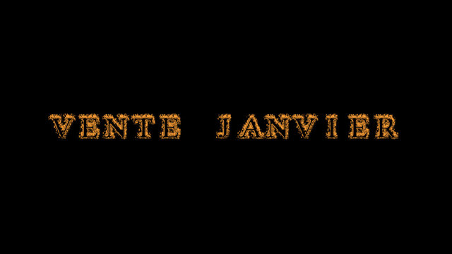 Vente janvier fire text effect black background. animated text effect with high visual impact. letter and text effect. translation of the text is January Sale