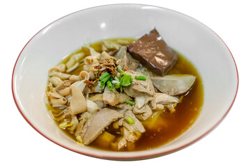 Top view Duck noodle soup on a white bowl, focus selective