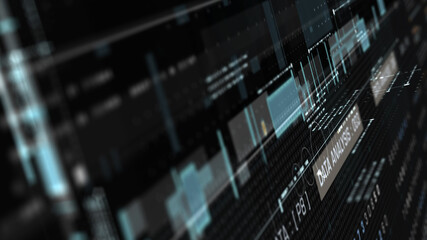 Poster - Futuristic holographic simulation of artificial neural networks, artificial intelligence deep learning performing analytic computational head up display background