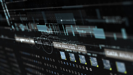 Poster - Futuristic holographic simulation of artificial neural networks, artificial intelligence deep learning performing analytic computational head up display background