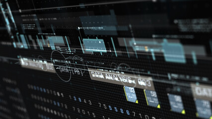 Poster - Futuristic holographic simulation of artificial neural networks, artificial intelligence deep learning performing analytic computational head up display background