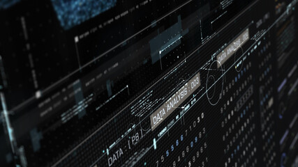 Poster - Futuristic holographic simulation of artificial neural networks, artificial intelligence deep learning performing analytic computational head up display background