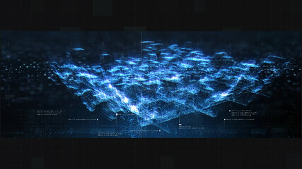 Poster - Futuristic holographic simulation of artificial neural networks, artificial intelligence deep learning performing analytic computational head up display background