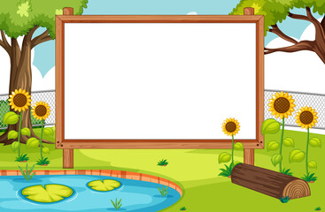 Wall Mural - blank wooden frame in nature park with sunflower scene