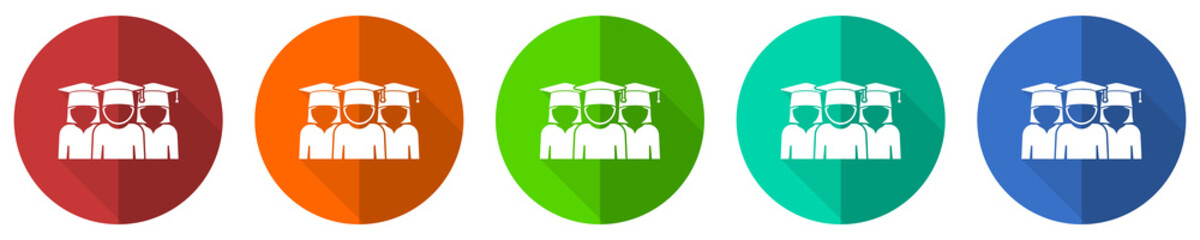 Poster - Education icon set, educate, graduate, group of students, red, blue, green and orange flat design web buttons isolated on white background, vector illustration