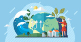 Fototapeta  - Change climate concept. Vector of climate change and saving the planet, World Environment Day, bio technology, a city on planet. Recycling waste, growing plants and choosing renewable resources