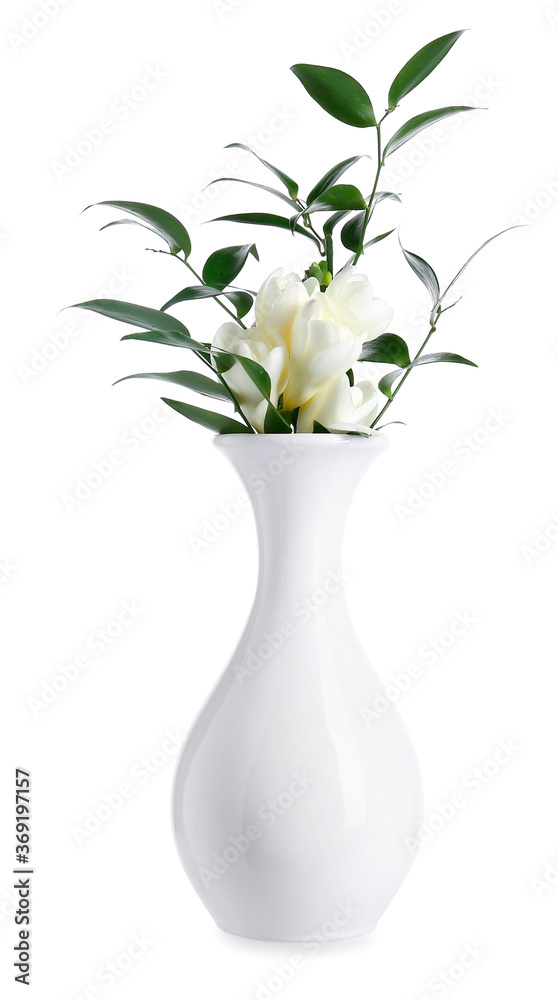 Beautiful vase with flowers on white background