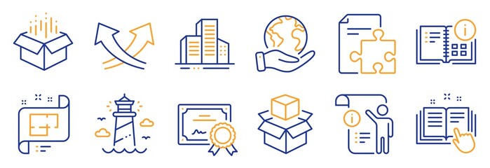 Poster - Set of Industrial icons, such as Technical documentation, Instruction info. Certificate, save planet. Buildings, Open box, Packing boxes. Lighthouse, Manual doc, Architectural plan. Vector