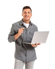 Poster - Male programmer with laptop on white background