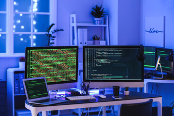 Poster - Modern workplace of programmer in office at night