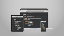 Laptop Tablet And Smartphone Screns Cross Platform Application Development Adaptive User Interface Responsive Web Design Programming Concept Horizontal Vector Illustration