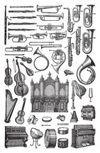 Music Instrument Collection - Vintage Engraved Vector Illustration From Petit Larousse Illustré 1914