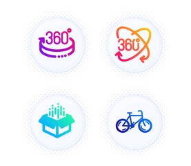 Wall Mural - Full rotation, 360 degrees and Open box icons simple set. Button with halftone dots. Bicycle sign. 360 degree, Full rotation, Delivery package. Bike. Business set. Vector