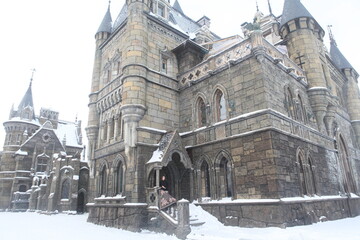 Wall Mural - Garibaldi Castle in village near Togliatti city, Samara region, Russia. Tourist girl with vintage Pavlovo Posad shawl. Beautiful architecture in gothic style, architectural fashion. Togliatti sight