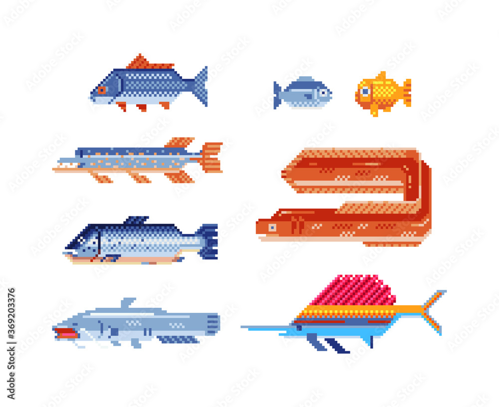Fish pixel art icons. Tropical fish, sea fish, aquarium fish set ...