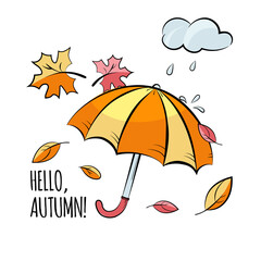 hello, autumn! umbrella in the rain. bright vector illustration in the cartoon style. isolated on a 