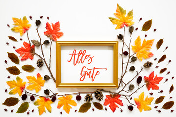 Wall Mural - golden frame with german text alles gute means best wishes. beautiful, colorful autumn leaf decorati