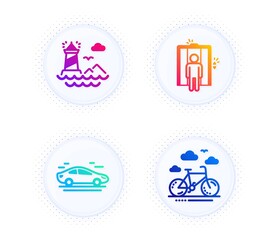 Aufkleber - Lighthouse, Car and Elevator icons simple set. Button with halftone dots. Bike rental sign. Navigation beacon, Transport, Lift. Bicycle. Transportation set. Gradient flat lighthouse icon. Vector