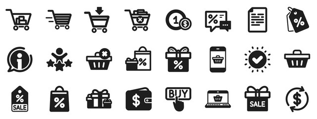 Aufkleber - Gift, Present and Sale offer signs. Shopping wallet icons. Shopping cart, Delivery gift and Tags symbols. Speech bubble, Discount, sale and wallet. Online buying. Surprise present. Vector