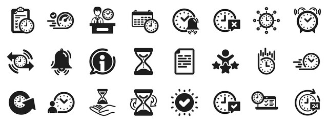 Poster - Set of Calendar, Time management timer and Delivery service icons. Time icons. Checklist, Stopwatch timer and hourglass. 24 hours and Presentation, calendar, checklist test. Vector