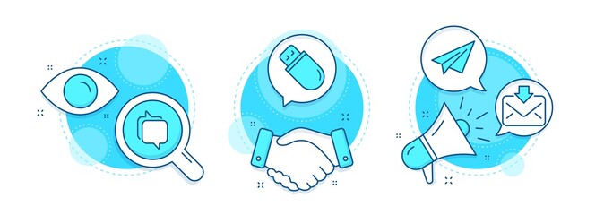 Poster - Messenger, Paper plane and Usb stick line icons set. Handshake deal, research and promotion complex icons. Incoming mail sign. Speech bubble, Airplane, Memory flash. Download message. Vector