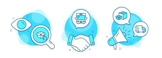 Poster - truck delivery, hold box and packing boxes line icons set. handshake deal, research and promotion co