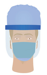 Wall Mural - Doctor wearing face mask, visor and hat. vector