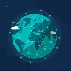 Poster - Global communication future technology business around the planet world from space concept or earth internet social worldwide network vector flat cartoon illustration modern design