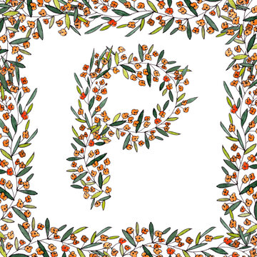 letter P of the english and latin floral alphabet. colorful graphic in square frame on a white background. letter P of sprigs blooming with orange flowers.