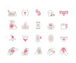 Woman Menstruation Cycle Icons Collection. Gynecological hygiene Products. Pad, Menstrual Cup, Tampons. Feminine Intimate Hygiene for Period. Flat Line Cartoon Vector Illustration.