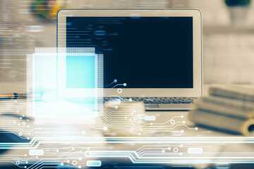 multi exposure of desktop computer and technology theme hologram. concept of software development.