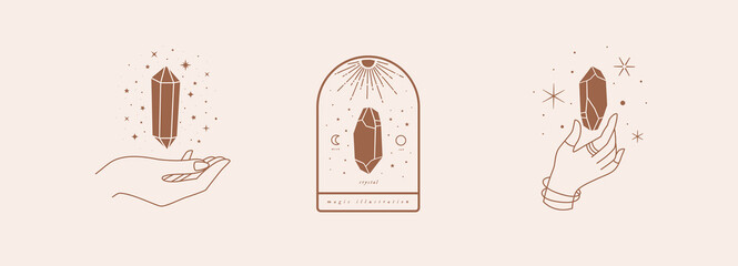 Poster - Set of mystical symbols for spiritual practices. Magic crystals quartz sparkle with stars and float above the hand. An occult symbol in trendy minimalist style on a light background.