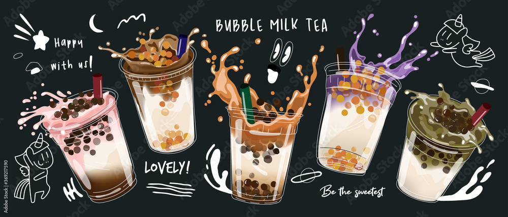 Bubble milk tea design collection,Pearl milk tea , Boba milk tea, Yummy drinks, coffees with doodle style banner,  Vector illustration. - obrazy, fototapety, plakaty 