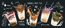 Bubble Milk Tea Design Collection,Pearl Milk Tea , Boba Milk Tea, Yummy Drinks, Coffees With Doodle Style Banner,  Vector Illustration.