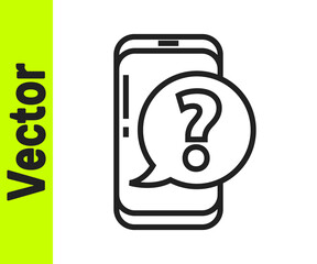 Poster - black line mobile phone with question icon isolated on white background. vector illustration.