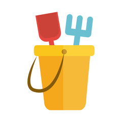 Sticker - cartoon bucket shovel and rake toy object for small children to play, flat style icon