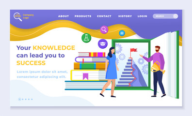 Poster - Your knowledge can lead you to success. Designed web page, navigation menu. Man and woman stand near books and career ladder, mockup of website. Vector illustration of online learning in flat style