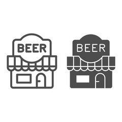 Poster - Beer shop line and solid icon, Craft beer concept, front facade of beer store sign on white background, alcohol bar building icon in outline style for mobile concept and web design. Vector graphics.