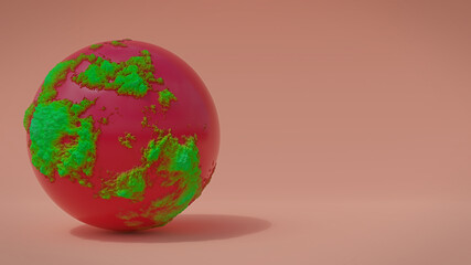 Wall Mural - abstract red sphere on orange background, ball covered with green organics in empty space