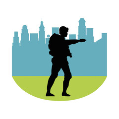 Wall Mural - soldier military standing silhouette with cityscape background