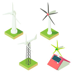 Wind turbine icons set. Isometric set of wind turbine vector icons for web design isolated on white background