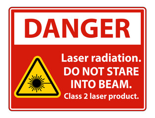 Danger Laser radiation,do not stare into beam,class 2 laser product Sign on white background