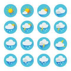 weather icons sun and clouds in sky, rain with snow, thunder and lightning. flat vector weather and 