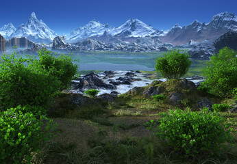 Wall Mural - 3D Rendered Fantasy Mountain Landscape - 3D Illustration