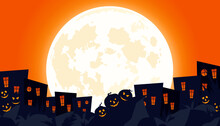 Halloween 2020. Cobwebs And An Abandoned Wasteland With Pumpkins And Scary Thickets. Scary Halloween Isolated Background. Orange And Yellow Background. Vector Illustration.