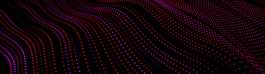 Poster - Abstract gradient dynamic wave of particles. Network of bright points or dots. Big data. Digital background. Vector